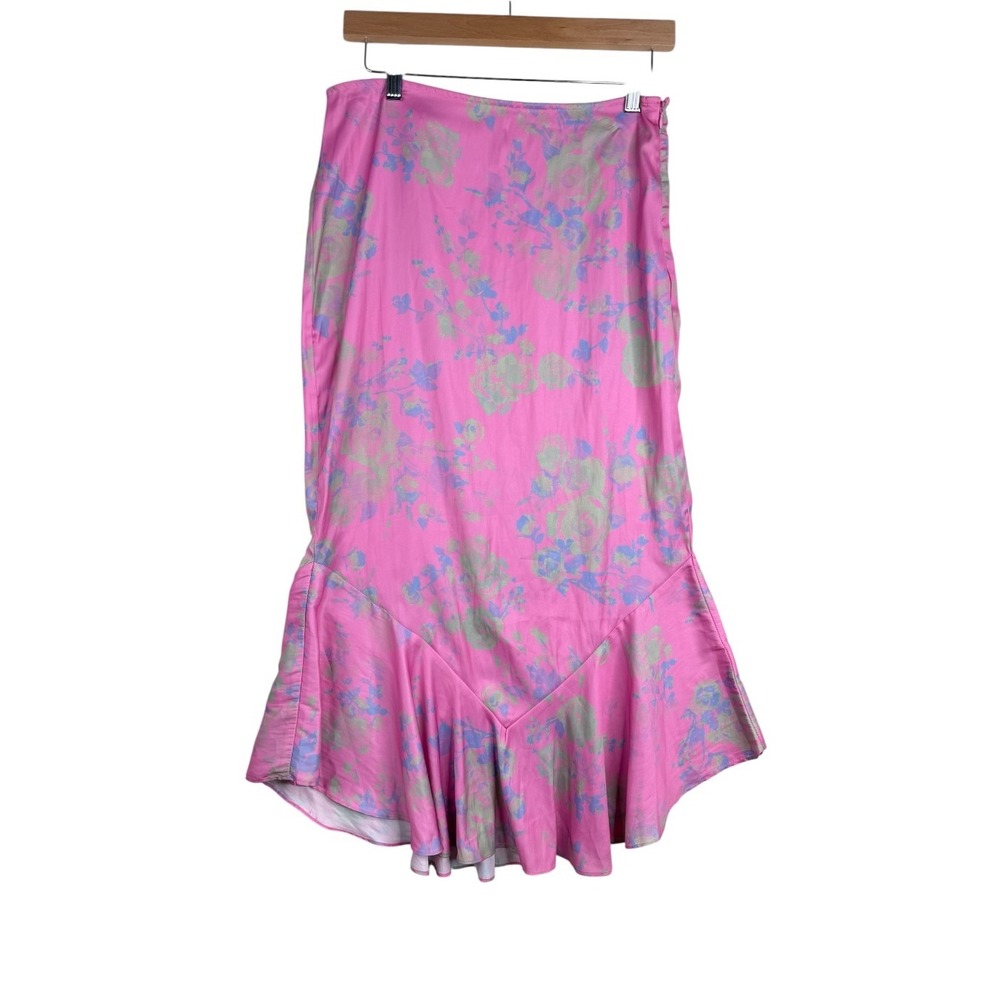 Free People Everything's Rosie Midi Flared Ruffle Hem Skirt size 4 Pink/Green